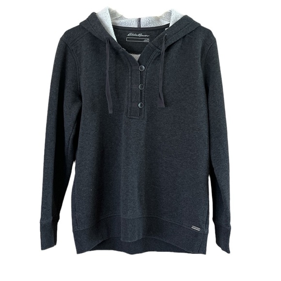 Eddie Bauer Woman’s Hooded Sweatshirt Long Sleeves Gray Size Medium Buttons - Picture 1 of 14